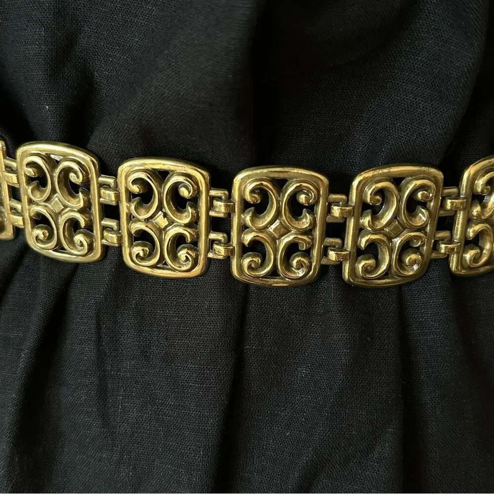Brighton Black Leather Belt Antique Gold Open Scrollwork Panel Links Size MEDIUM